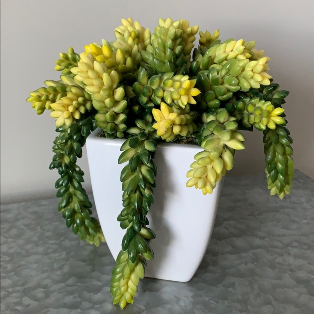White ceramic vase with green & yellow Faux Floral